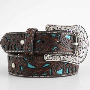 Ariat Women's Turquoise Inlay Bedazzled Floral Tooled Belt Size 26